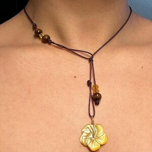 Handmade Yellow Flower Lariat Necklace Boho Waxed Cord Cottagecore Sundrenched